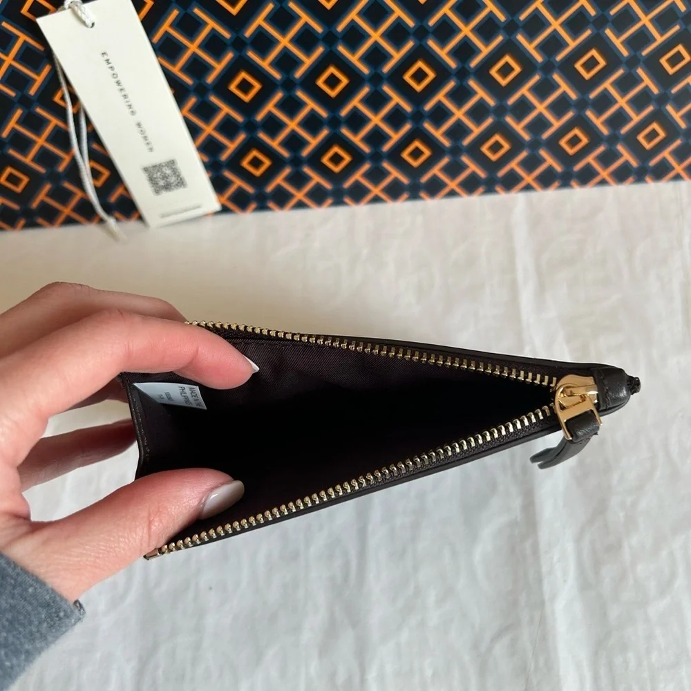 Tory Burch Britten Soft Zip Card Case Mini Wallet Dark Mahogany Gold Brown